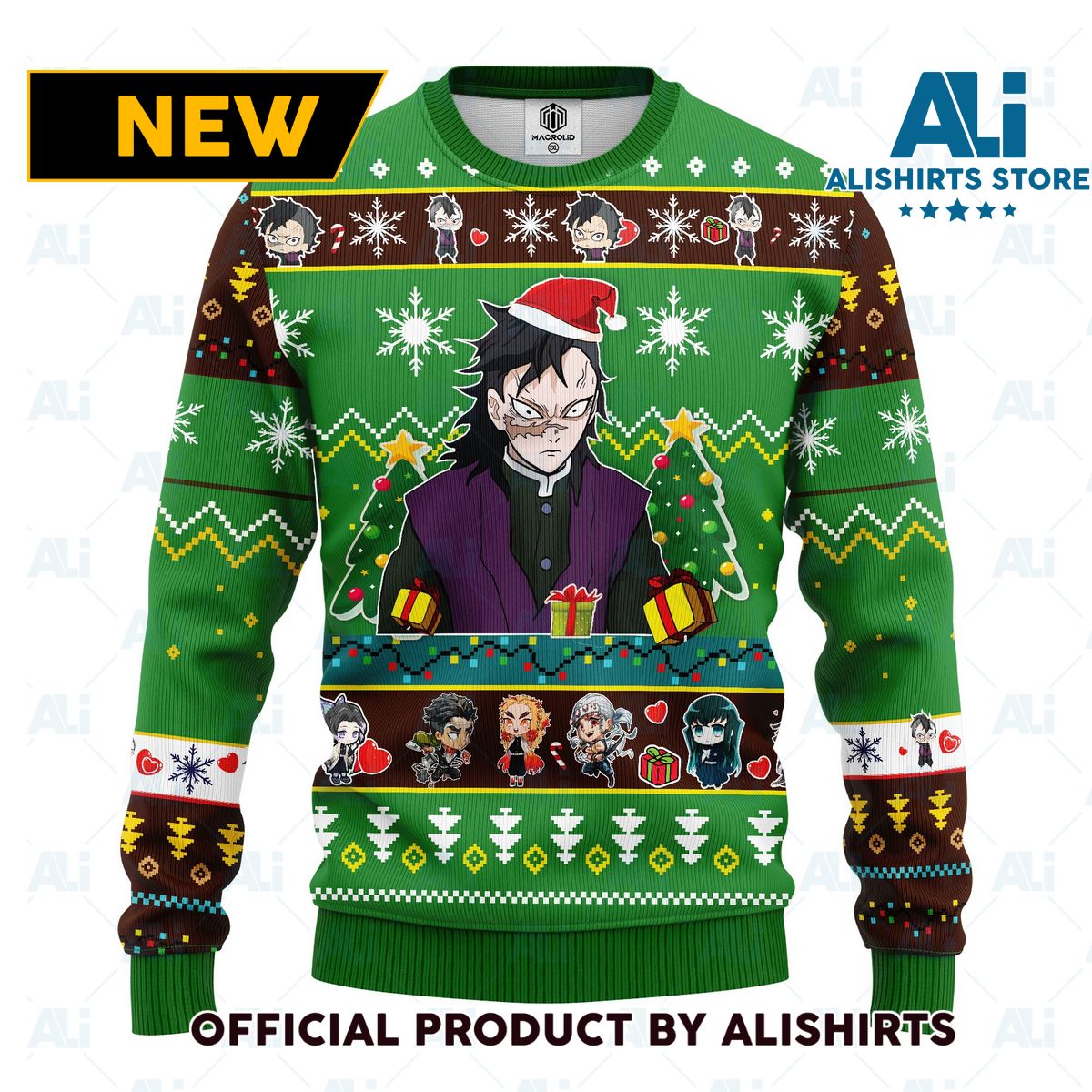 Genya Shinazugawa demon slayer anime ugly christmas sweater green