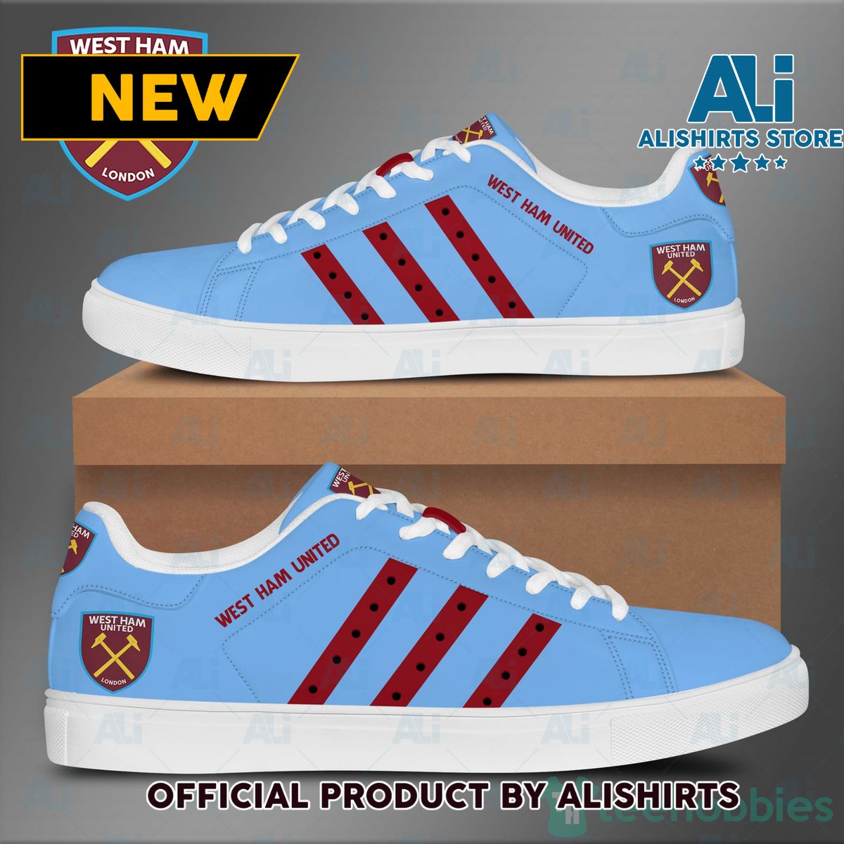 West Ham United Leather Light Blue Adidas Stan Smith Low Top Skate Shoes