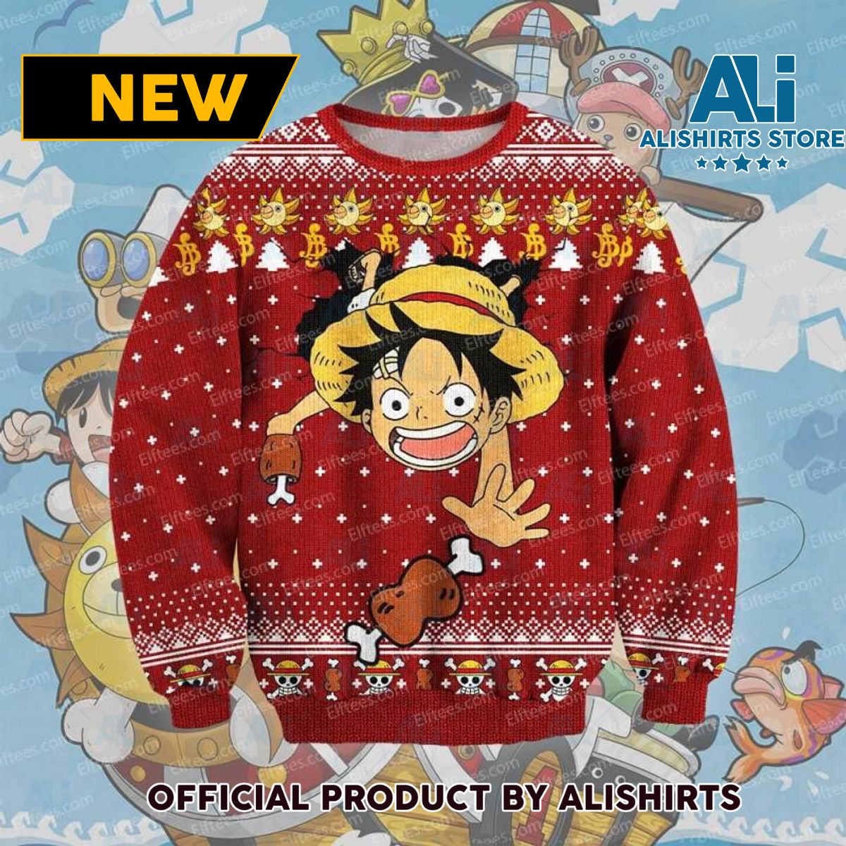 Anime One Piece Luffy Knitting Pattern 3D Print Ugly Christmas Sweater ‚Äì OPC01A