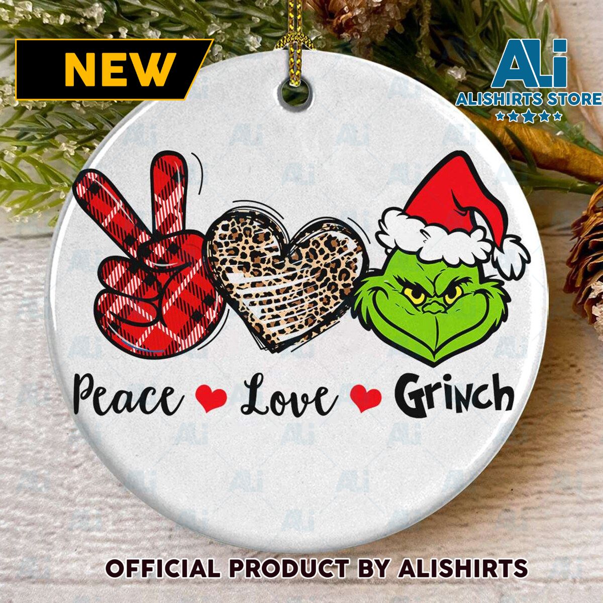 Peace Love Grinch Red Plaid Leopard Heart Christmas Ornament