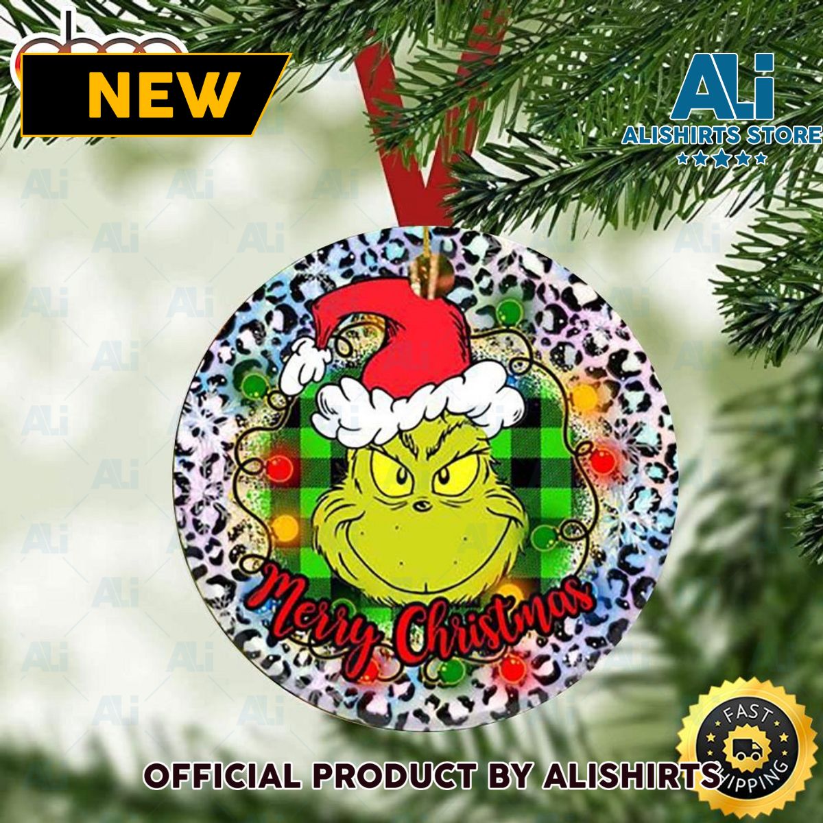 Grinch Face Buffalo Plaid Lights Christmas Grinch Tree Ornament