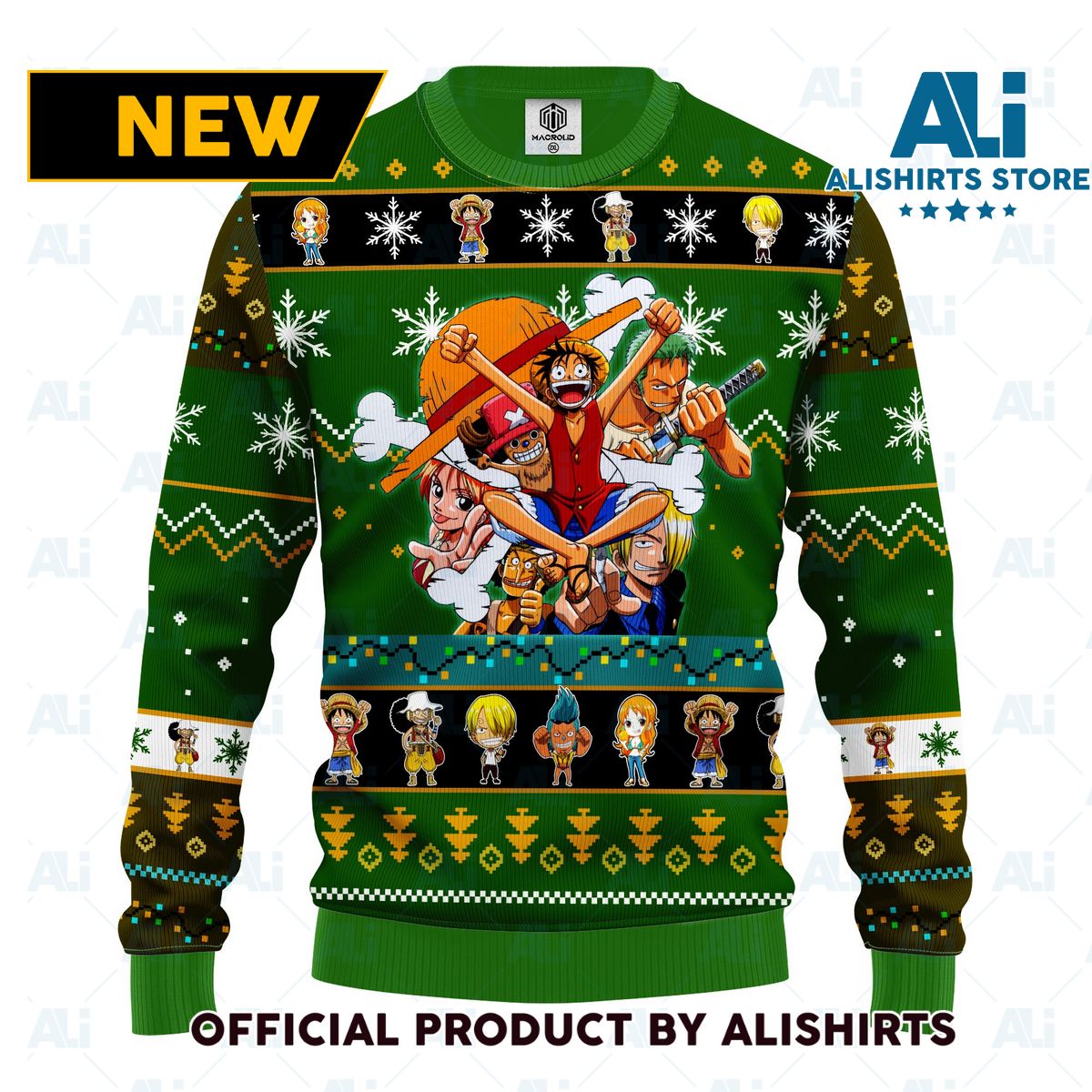 one peace green anime ugly christmas sweater