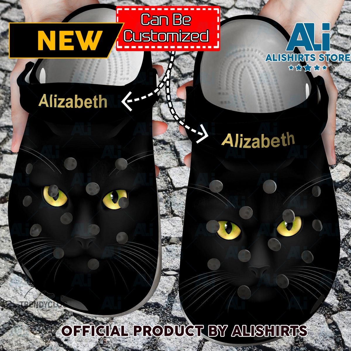 Black Cat Face Print Personalized Crocs Crocband Clogs Shoes With Your Name