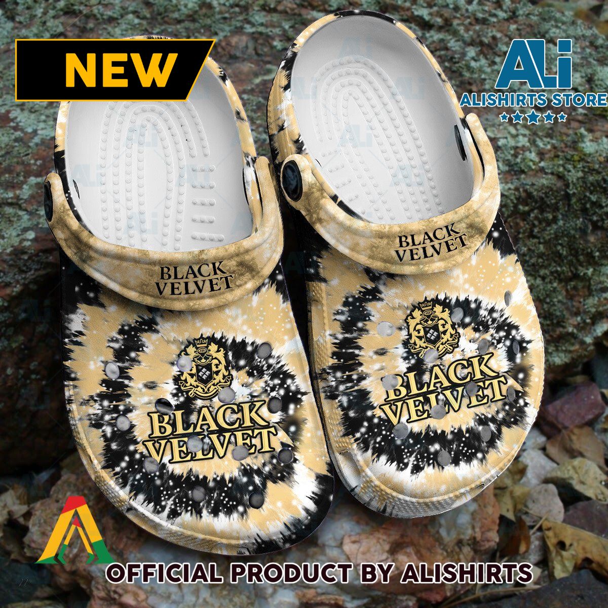 Black Velvet Whisky Yellow Tie Dye Pattern Crocs Crocband Clogs ALI