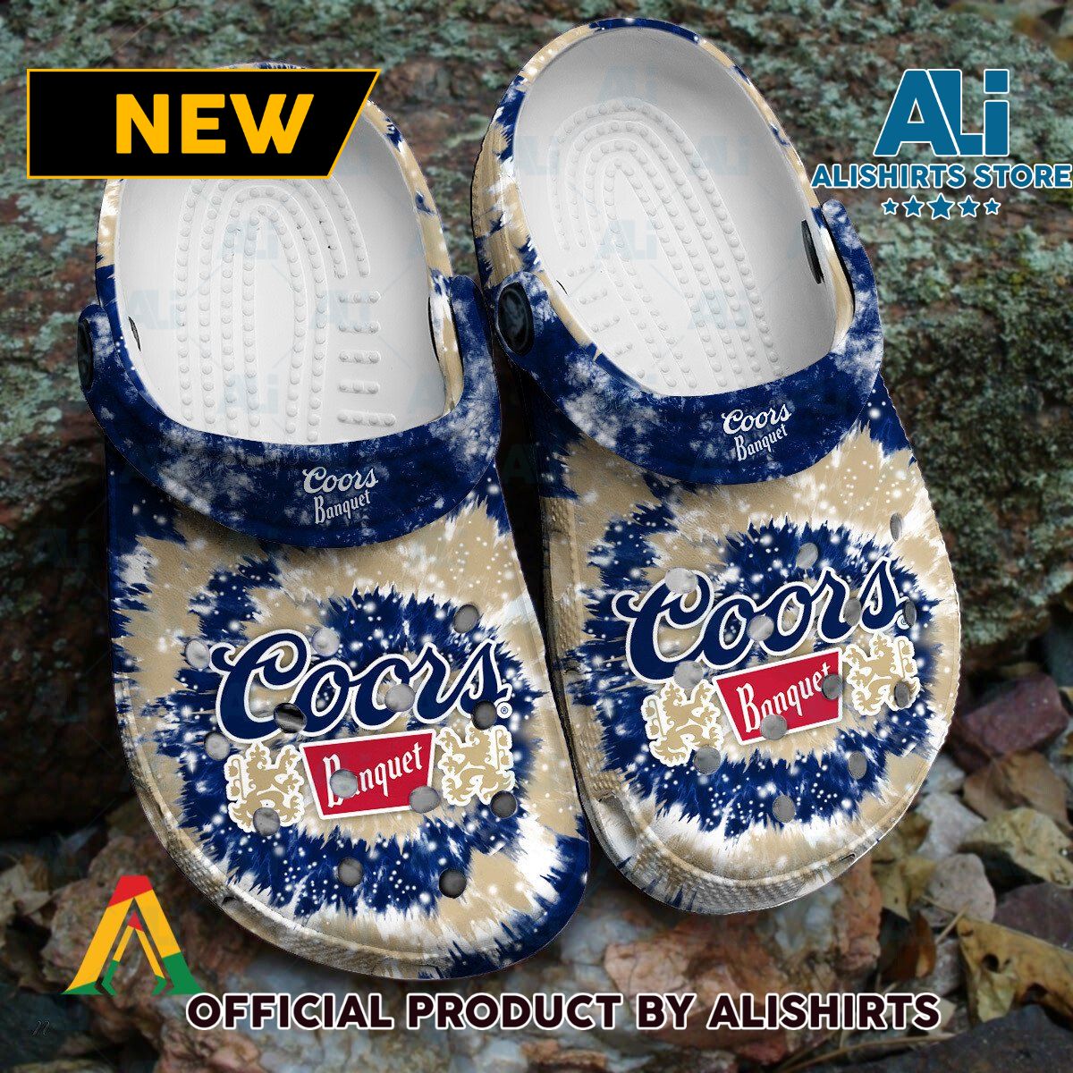 Coors Banquet Blue & Yellow Tie Dye Pattern Crocs Crocband Clogs ALI