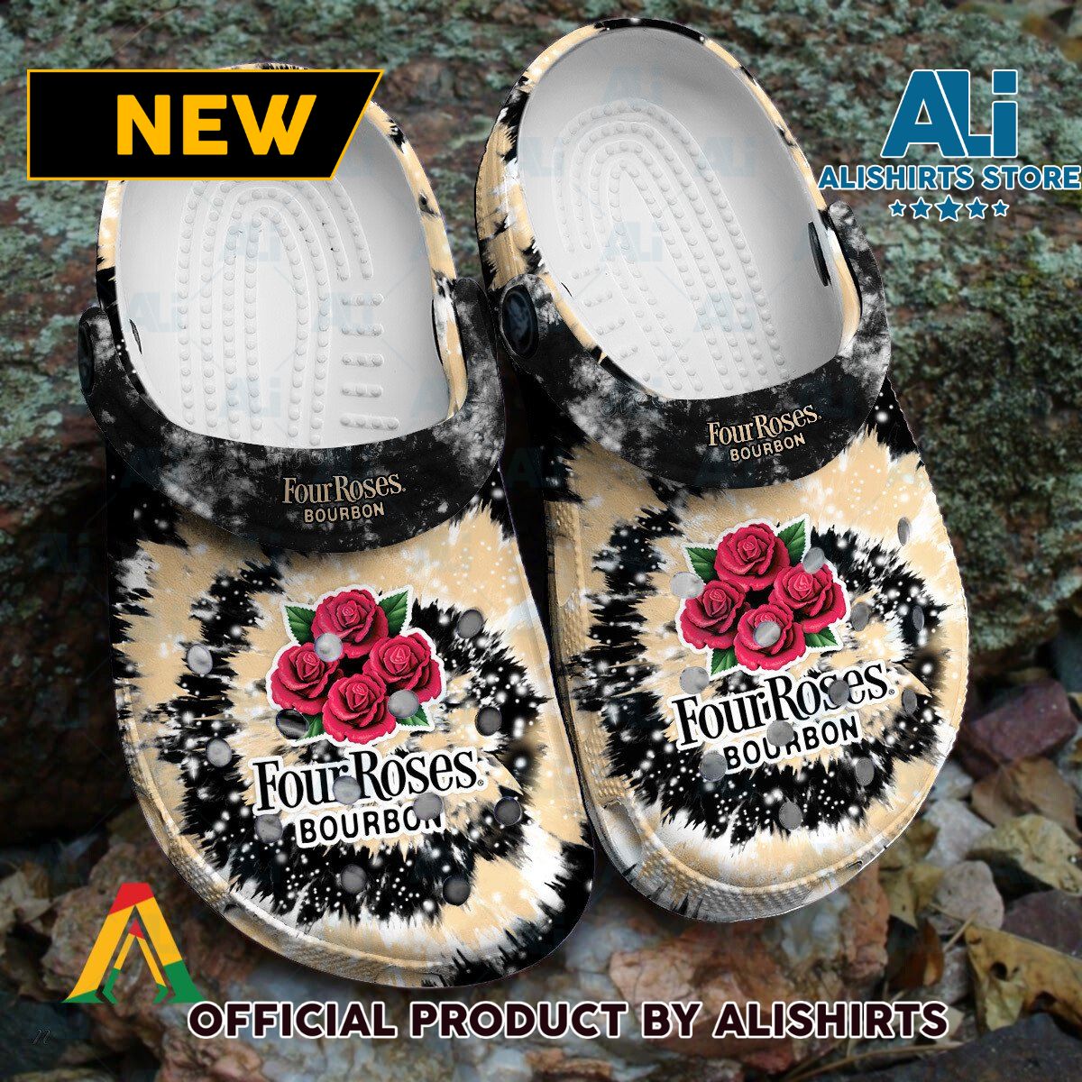 Four Roses Bourbon Black Yellow Tie Dye Pattern Crocs Crocband Clogs ALI