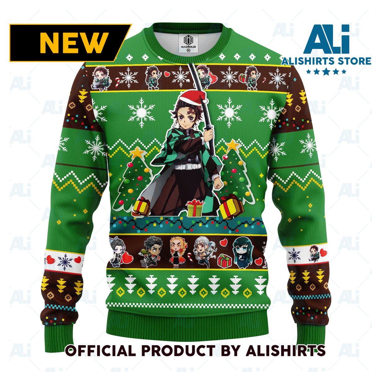 Tanjiro Kamado demon slayer anime ugly christmas sweater green