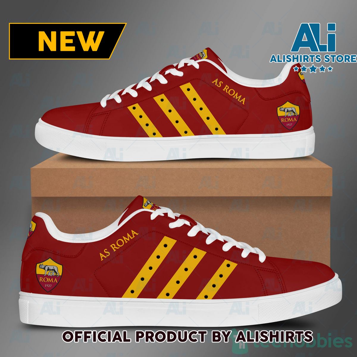 As Roma Yellow Striped Red Adidas Stan Smith Low Top Skate Shoes