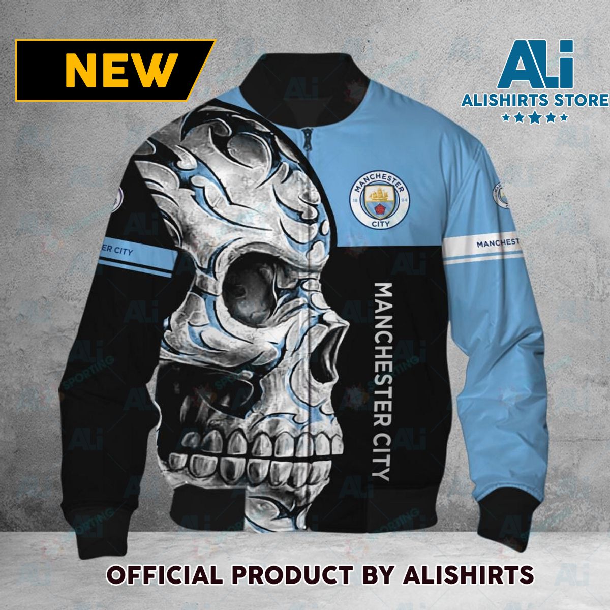 Manchester City FC Premier League Skull Bomber Jacket