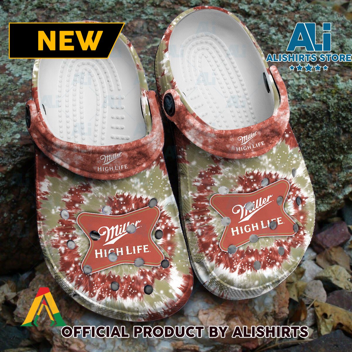 Miller High Life Signature logo Tie Dye Pattern Crocs Crocband Clogs ALI