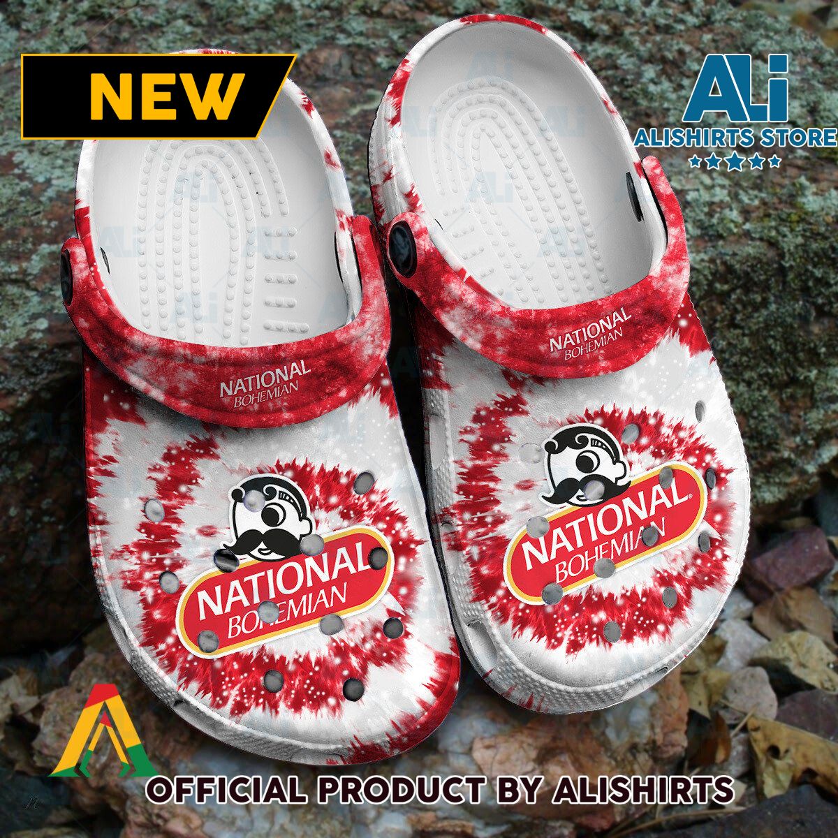 National Bohemian Signature logo Tie Dye Pattern Crocs Crocband Clogs ALI