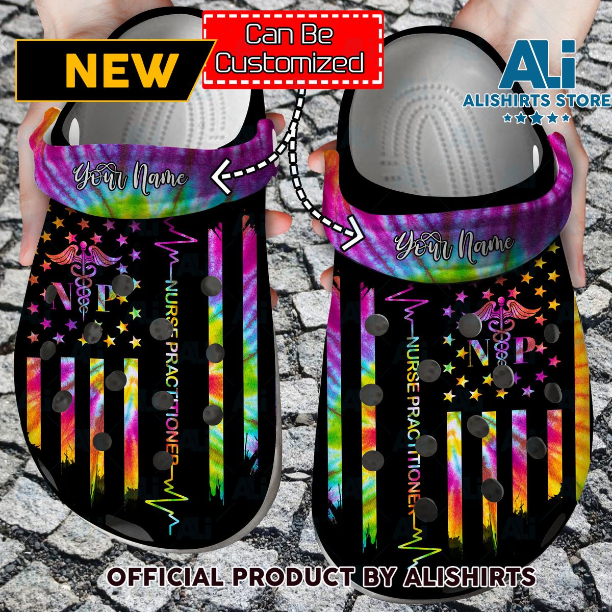 Personalized American Nurse Practitioner Tie Dye Crocs Crocband Clog Shoes