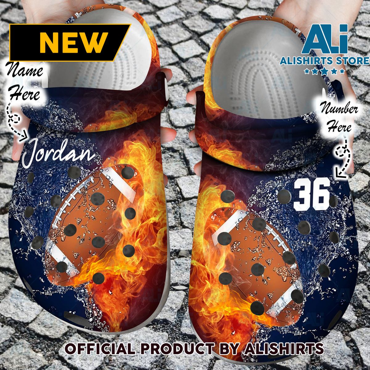 Personalized Fire and Water Football Crocs Crocband Clog Shoes