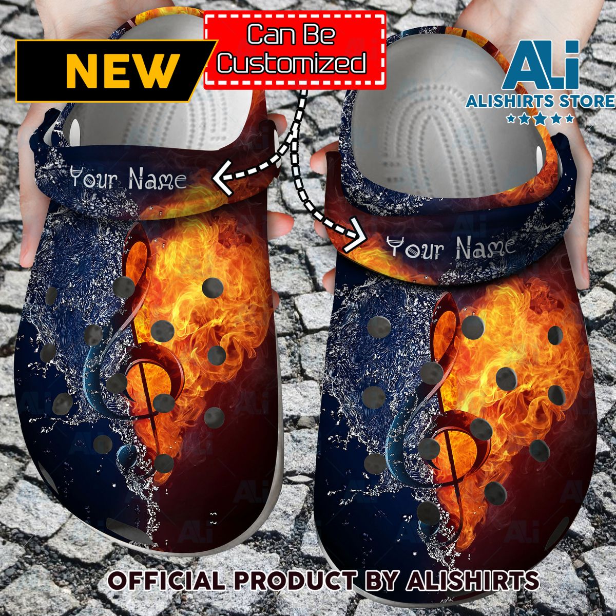 Personalized Fire and Water Treble Clef Crocs Crocband Clog Shoes