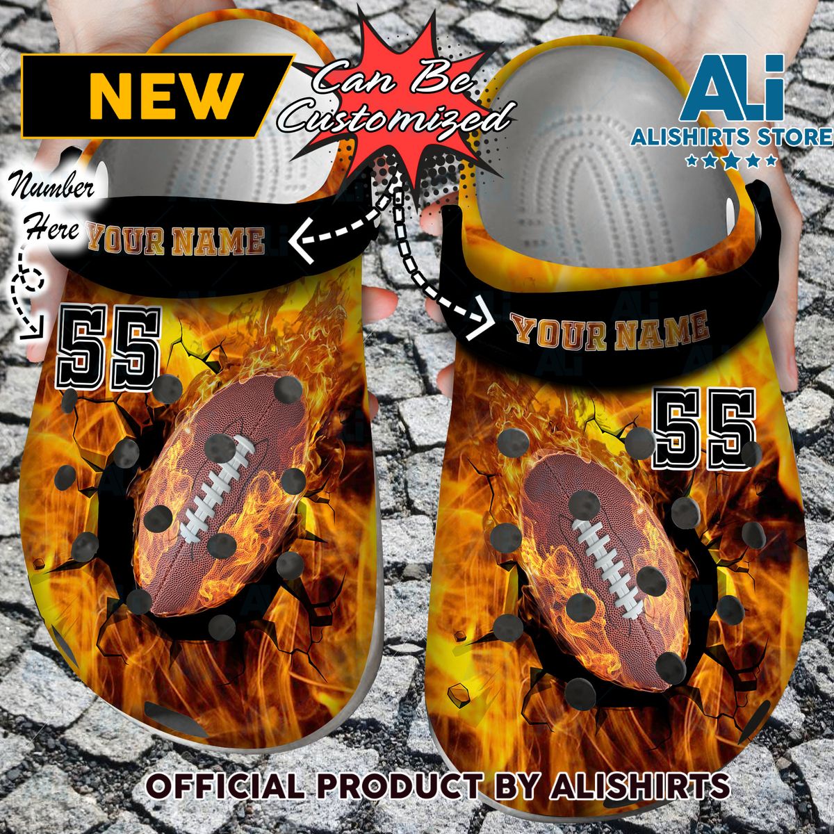 Personalized Fire Football Crack Ball Overlays Crocs Crocband Clog Shoes