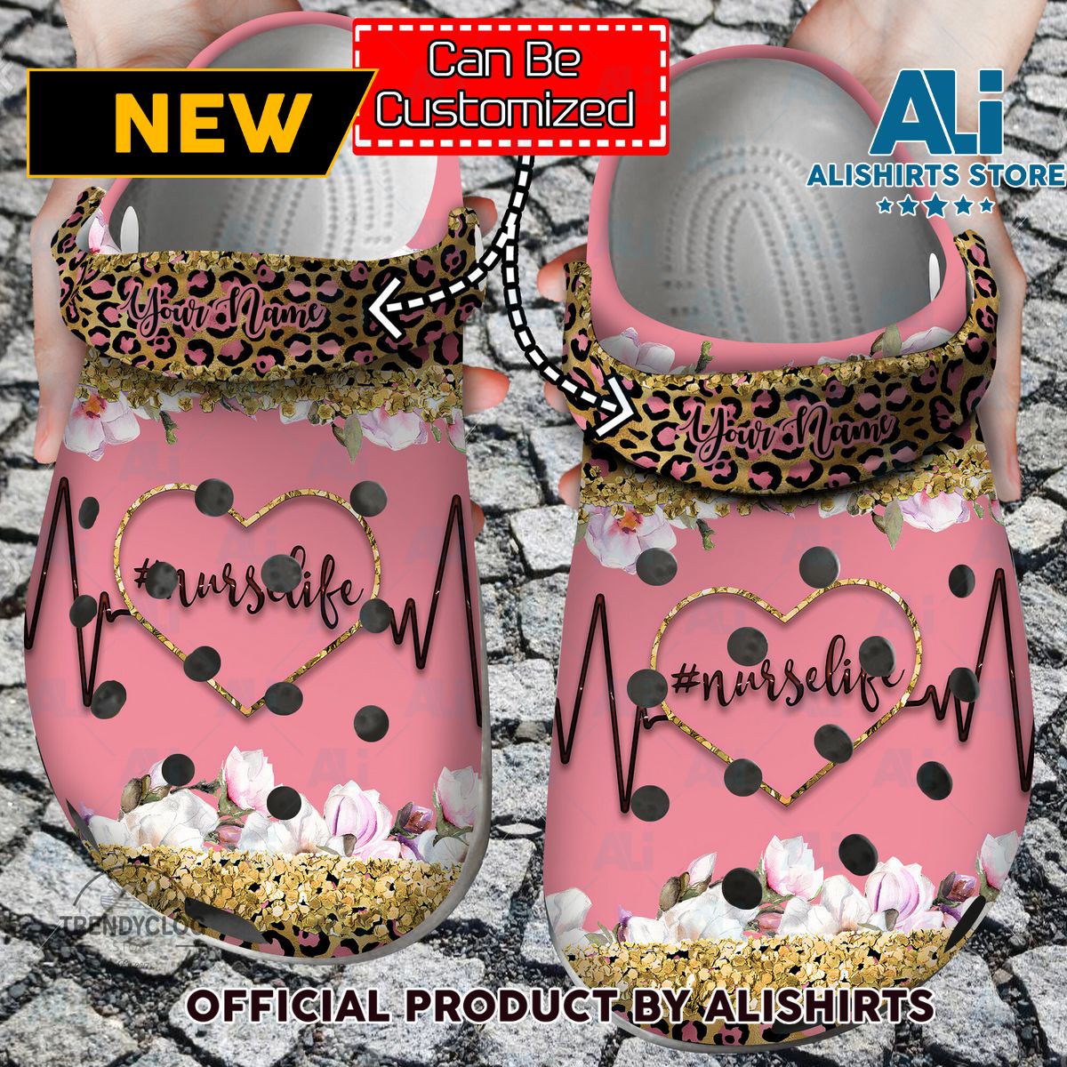 Personalized Nurse Life Heart Glitter Leopard Crocs Crocband Clog Shoes
