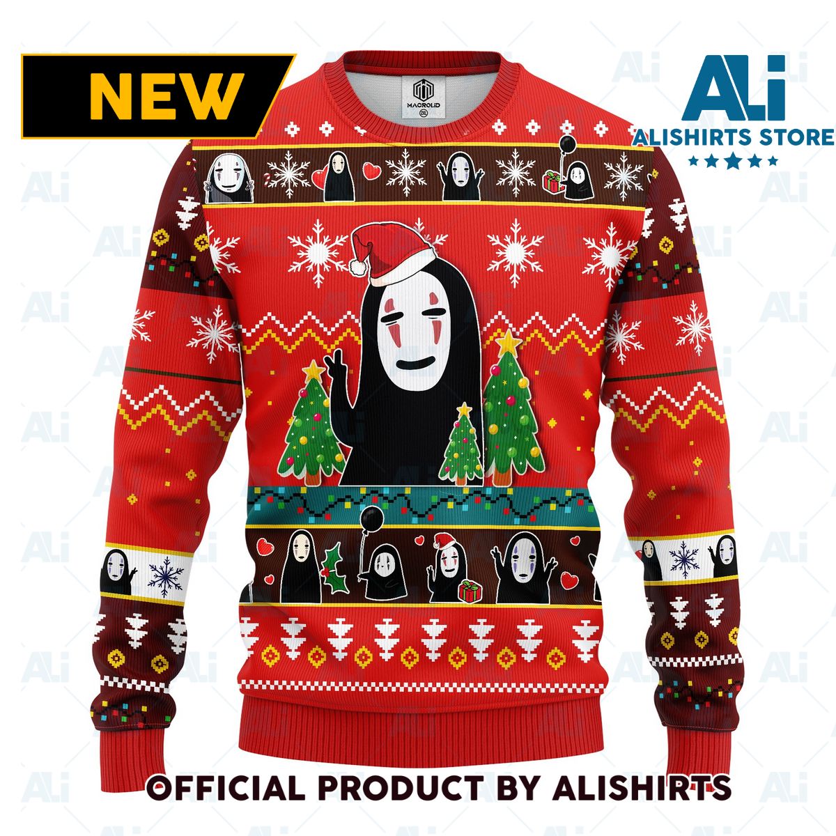 No face sprited away anime ugly christmas sweater red