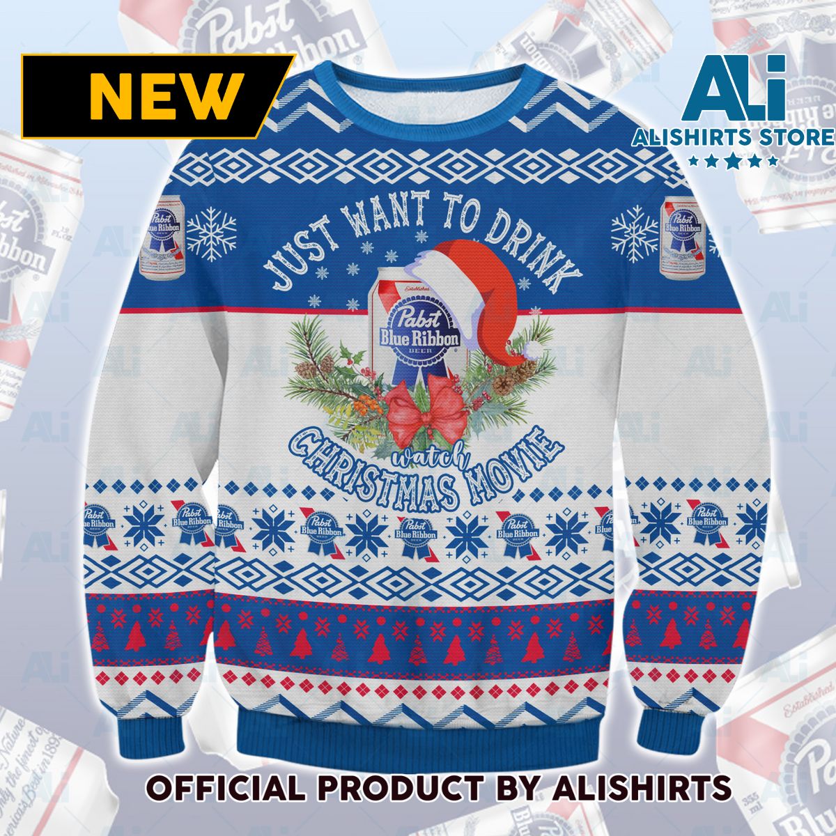 Pasbt Blue Ribbon Just Want To Drink Christmas Ugly Sweater