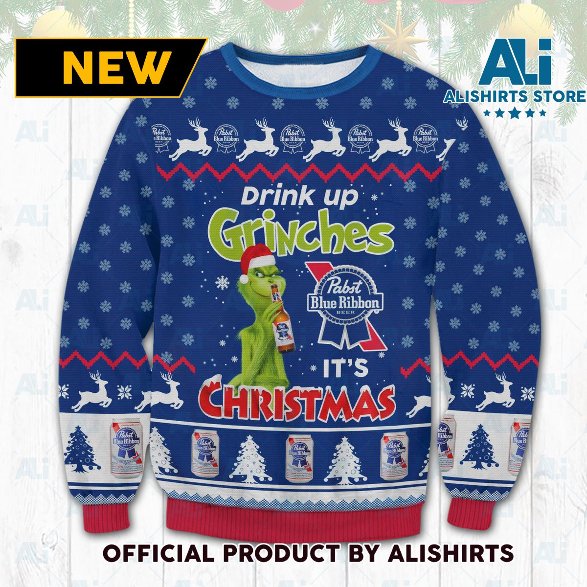 Pabst Blue Ribbon Drink Up Grinches Ugly Sweater