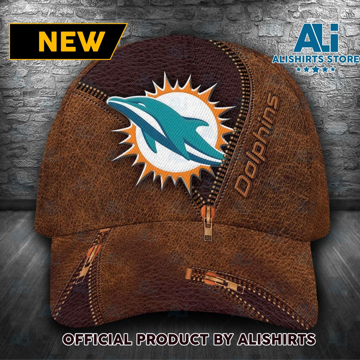 Personalized Miami Dolphins Brown Leather Classic Cap