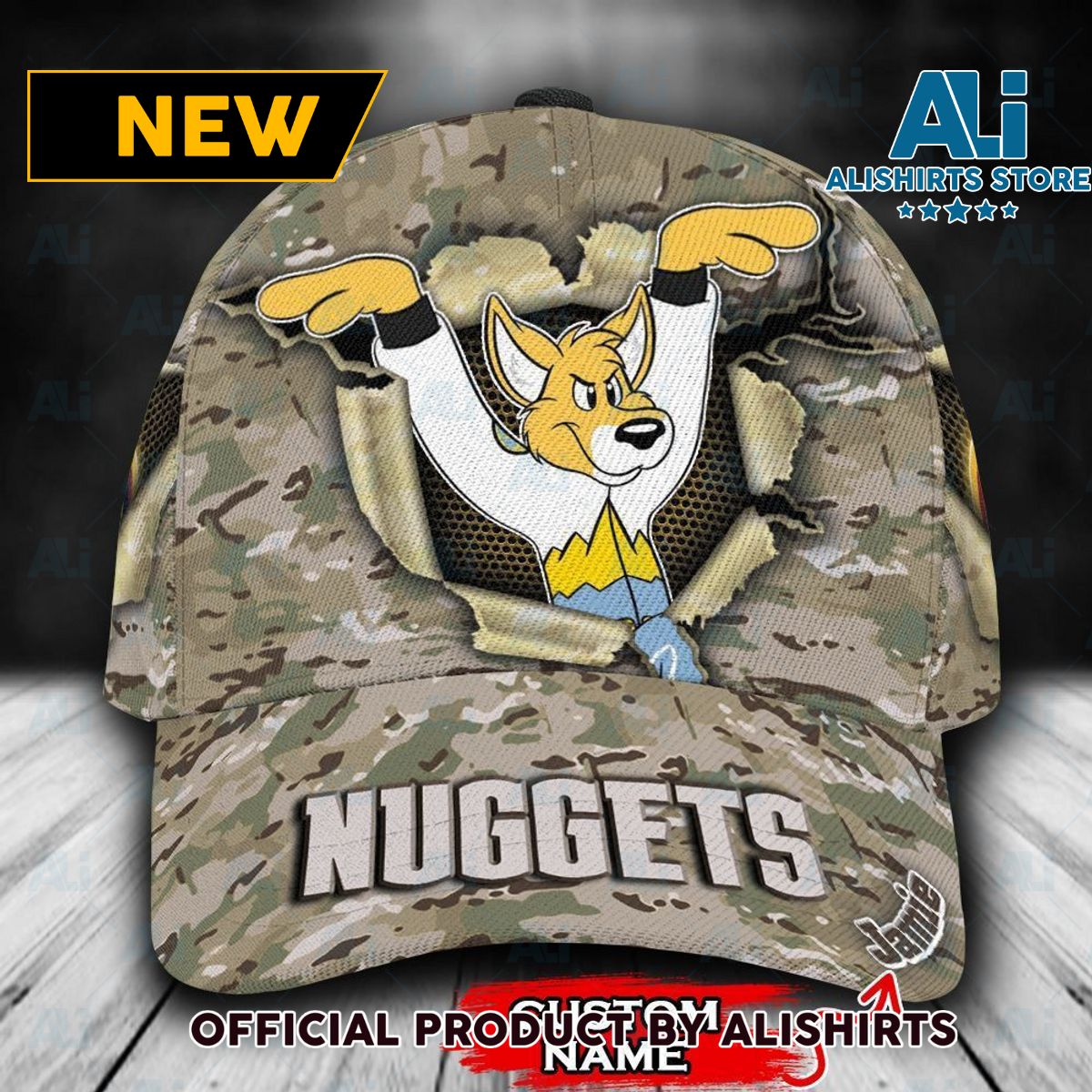 Personalized Denver Nuggets Camo Mascot NBA Classic Cap