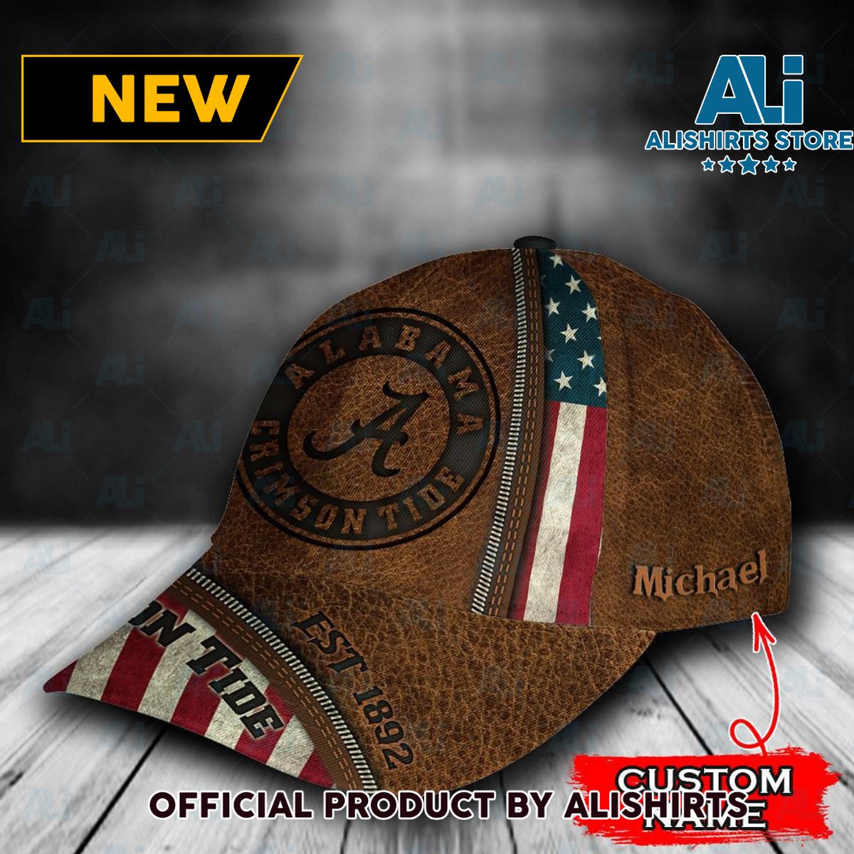 Personalized Alabama Crimson Tide USA Flag Zipper Classic Cap  Brown