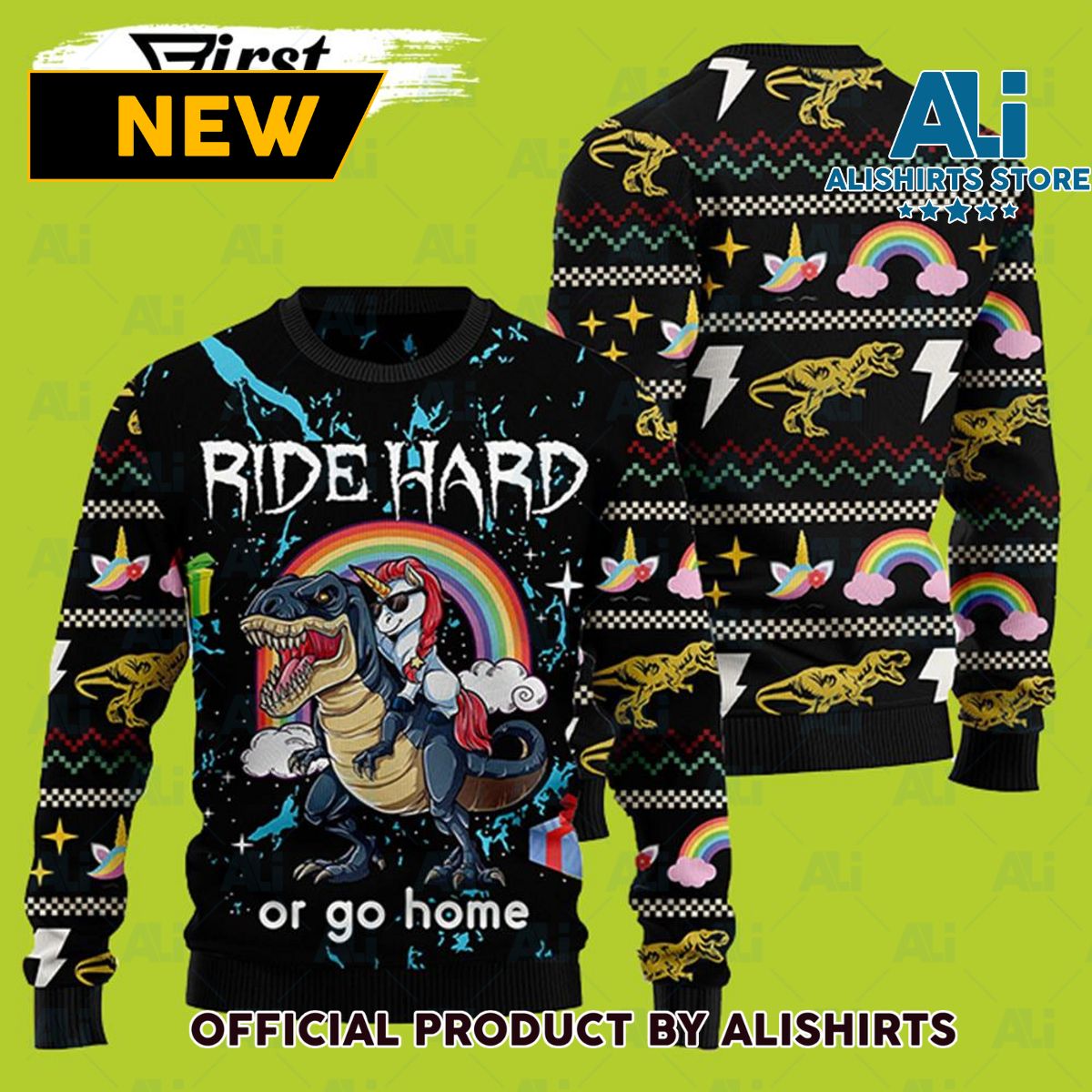 Dinosaur Unicorn Ride Hard Or Go Home Dinosaur Ugly Christmas Sweater