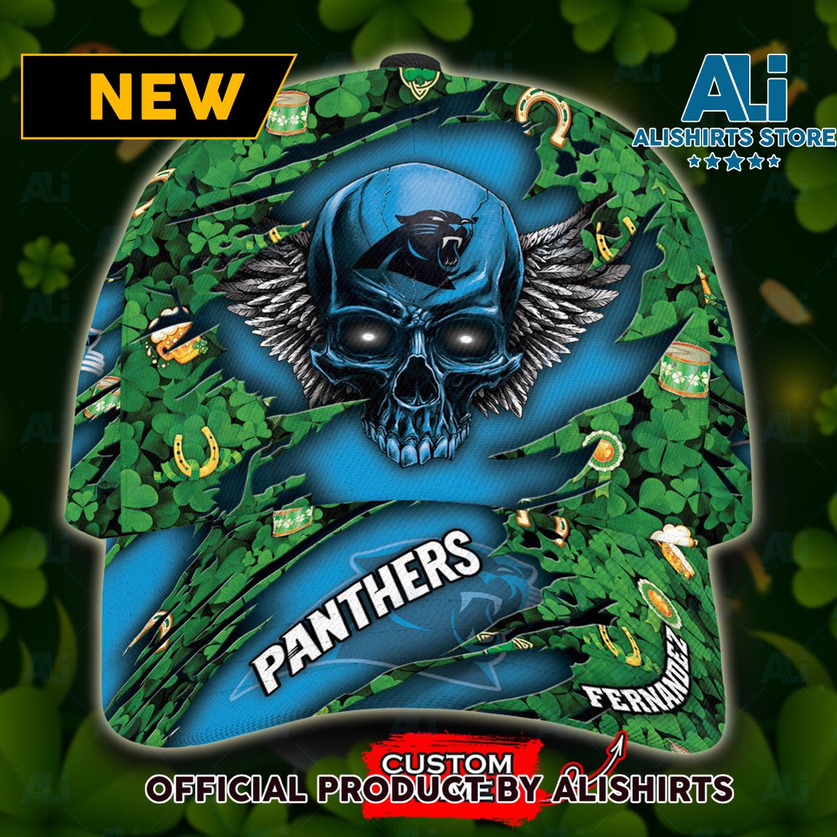 Personalized Carolina Panthers Skull St Patrick Day Classic Cap