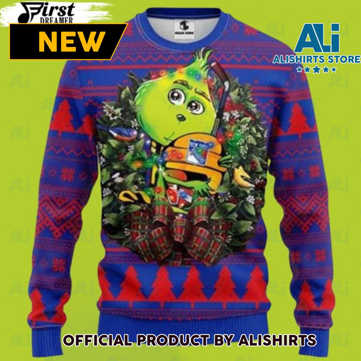 Nhl New York Rangers Grinch Hug Christmas Ugly Sweater