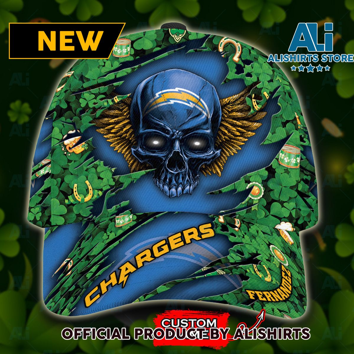 Personalized Los Angeles Chargers St Patrick Day Skull Classic Cap