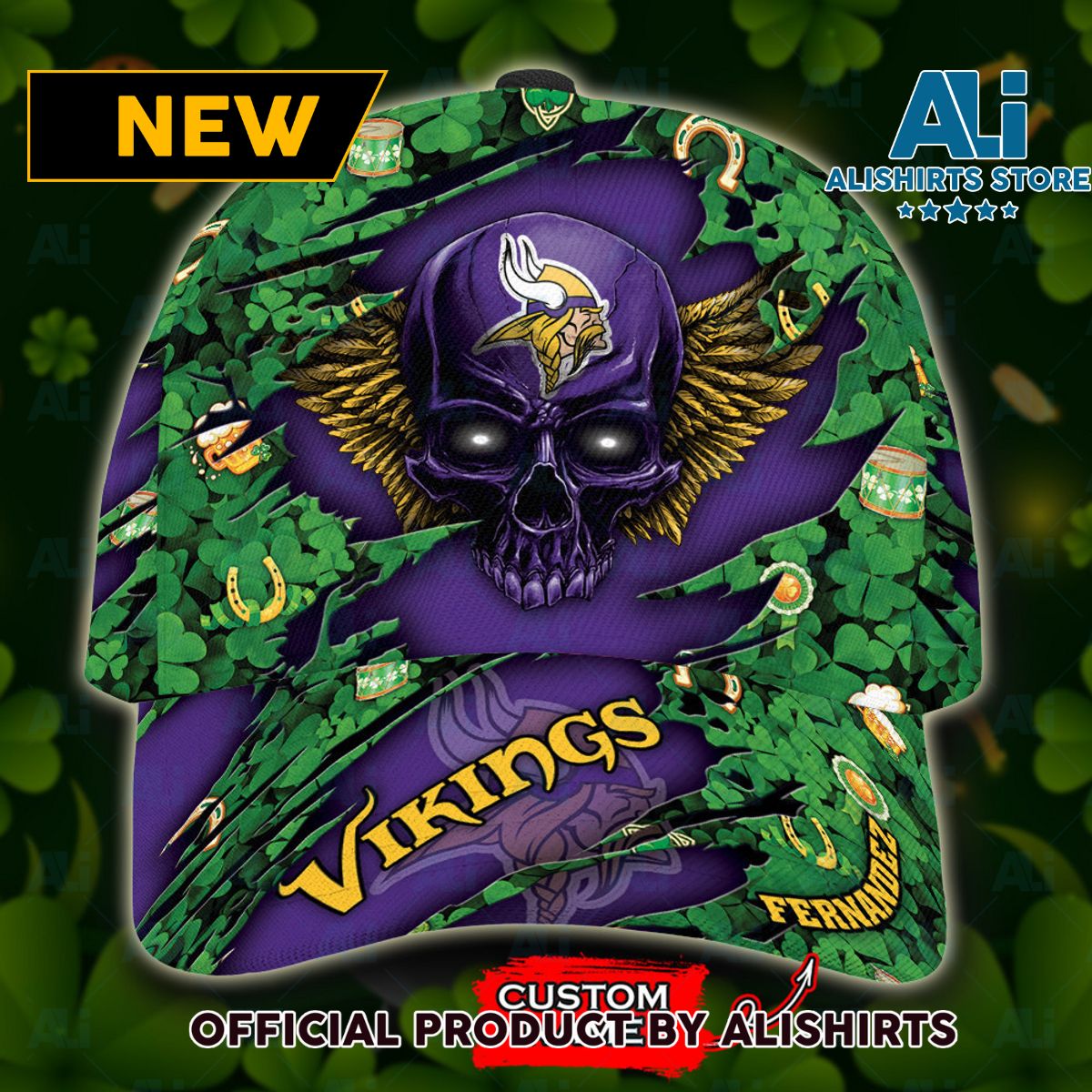 Personalized Minnesota Vikings Skull St Patrick Day Classic Cap