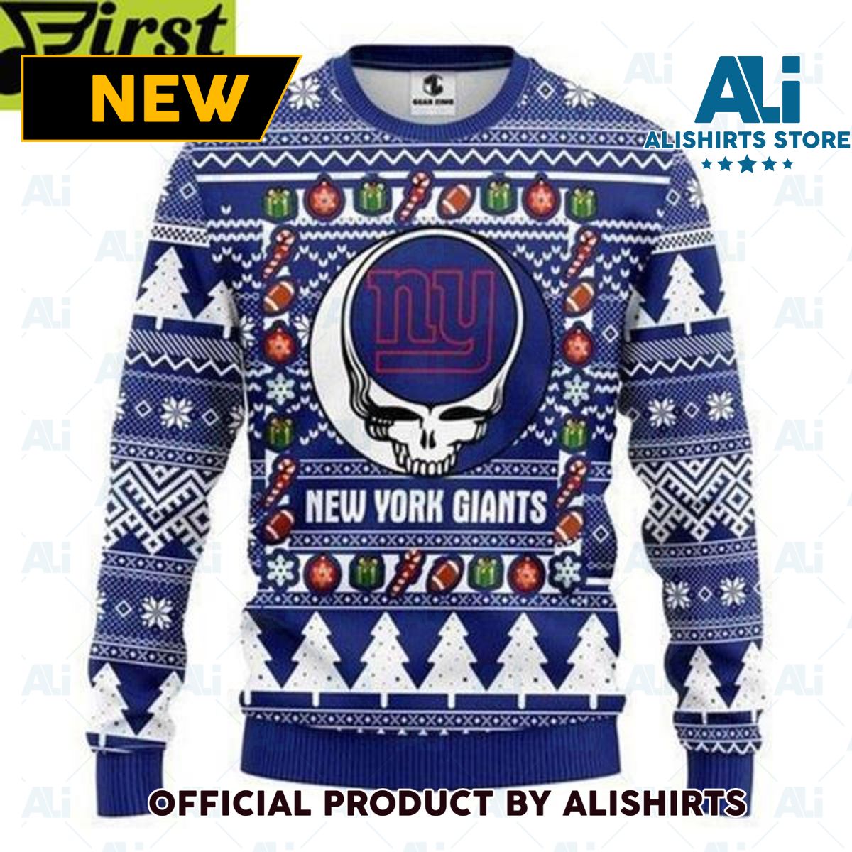 New York Giants Grateful Dead Ugly Christmas Sweater All Over