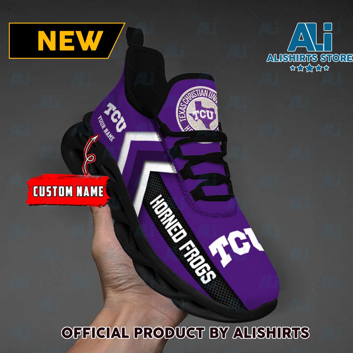 NCAA TCU Horned Frogs Team Logo Custom Name Max Soul Shoes