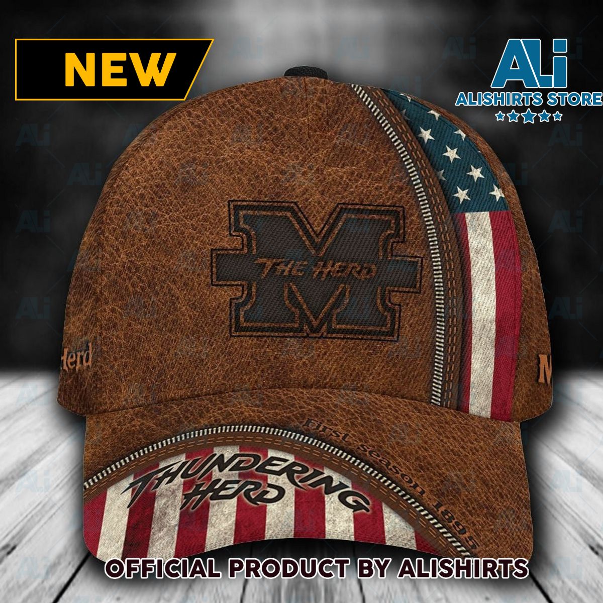 Personalized Marshall Thundering Herd USA Flag Zipper Classic Cap  Brown