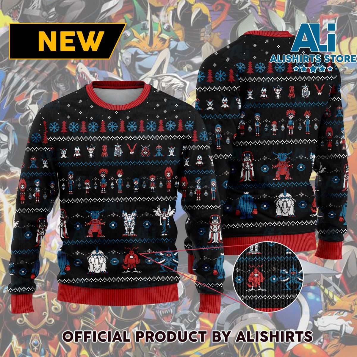 Digimon retro character ugly christmas sweater