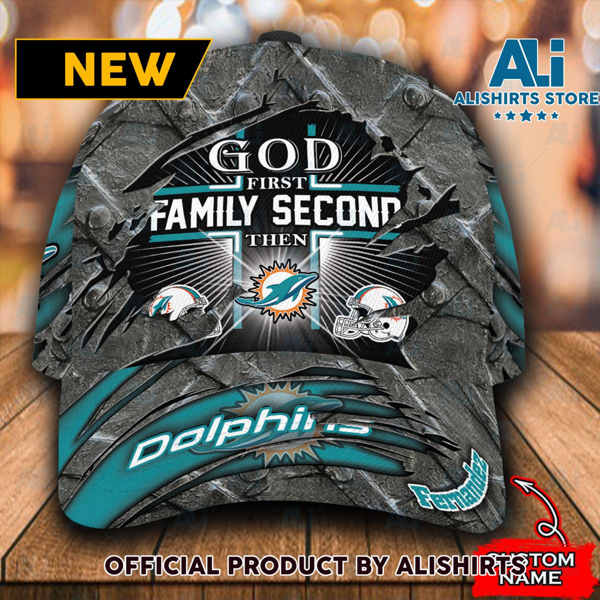 Personalized Miami Dolphins God First Family Second Text Classic Cap