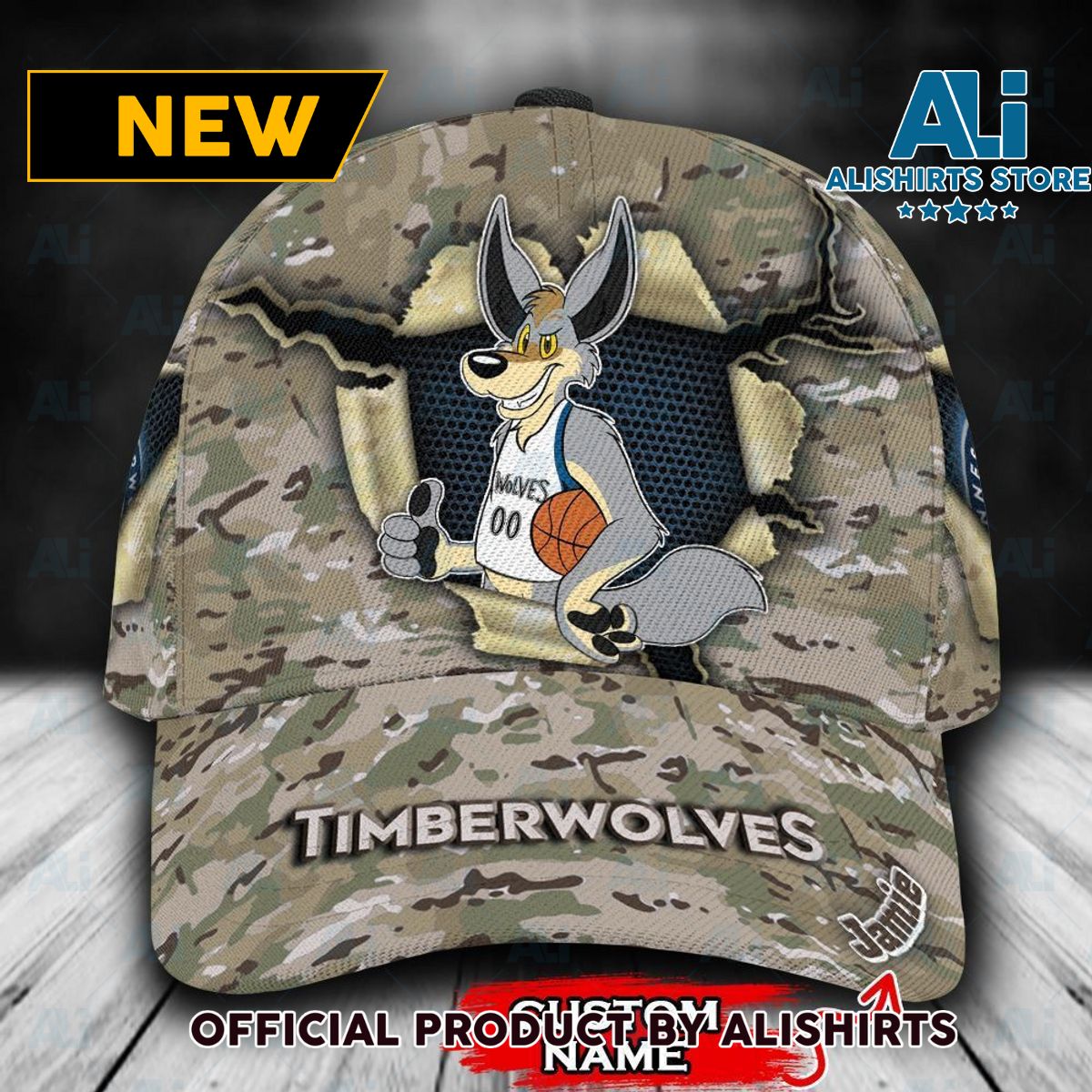 Personalized Minnesota Timberwolves Camo Mascot NBA Classic Cap