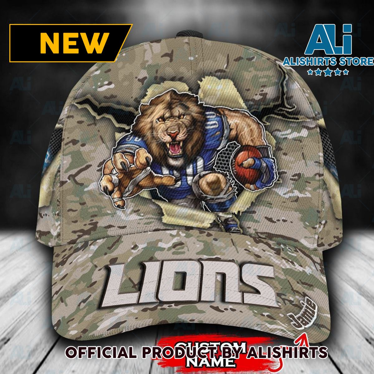 Personalized Detroit Lions Camo Mascot Classic Cap