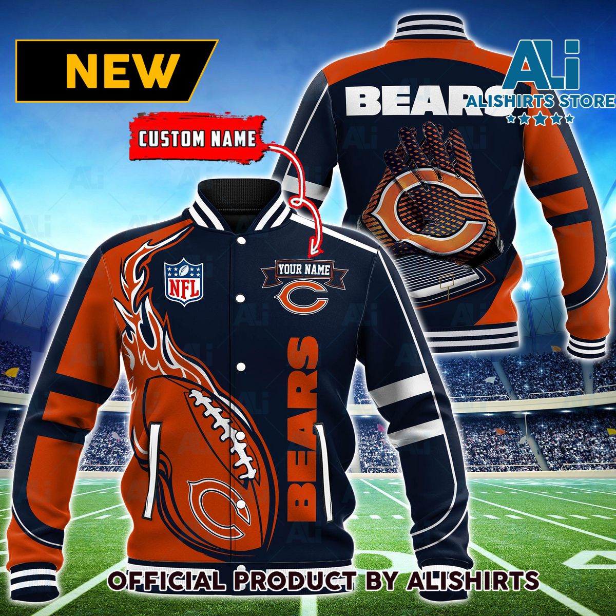 NFL Chicago Bears Hot Football Custom Name Varsity Jacket