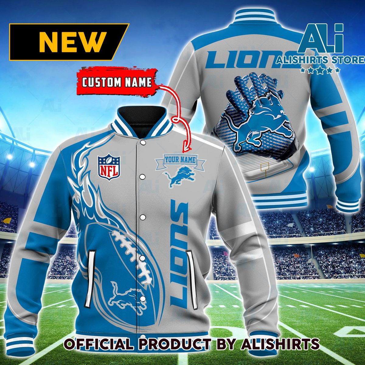 NFL Detroit Lions Hot Football Custom Name Varsity Jacket