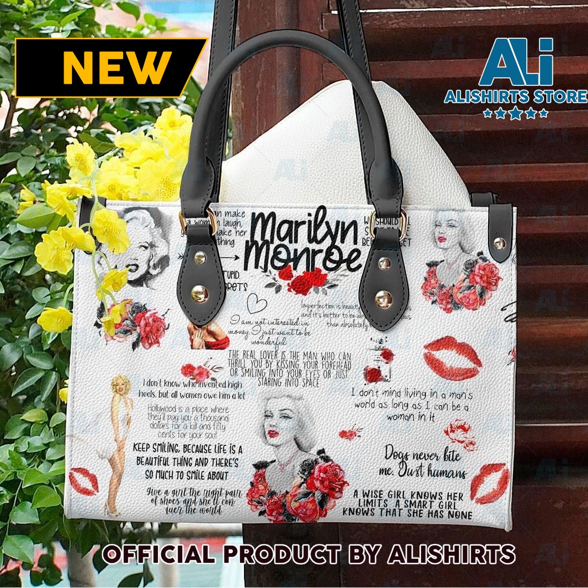 Marilyn Monroe Roses Kiss Personalized Leather HandBags Women Tote Bag