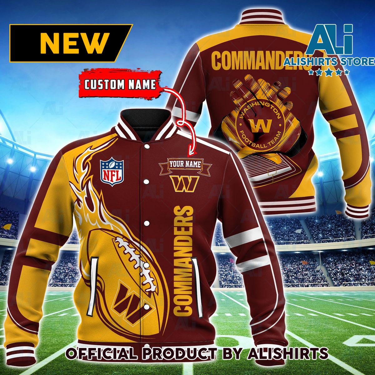 NFL Washington Commanders Hot Football Custom Name Varsity Jacket