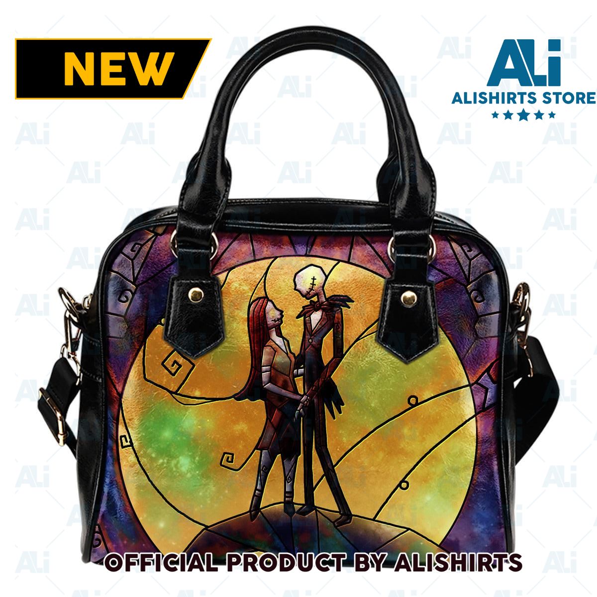 Jack And Sally Stained Glass Personalized Leather HandBags Women Tote Bag