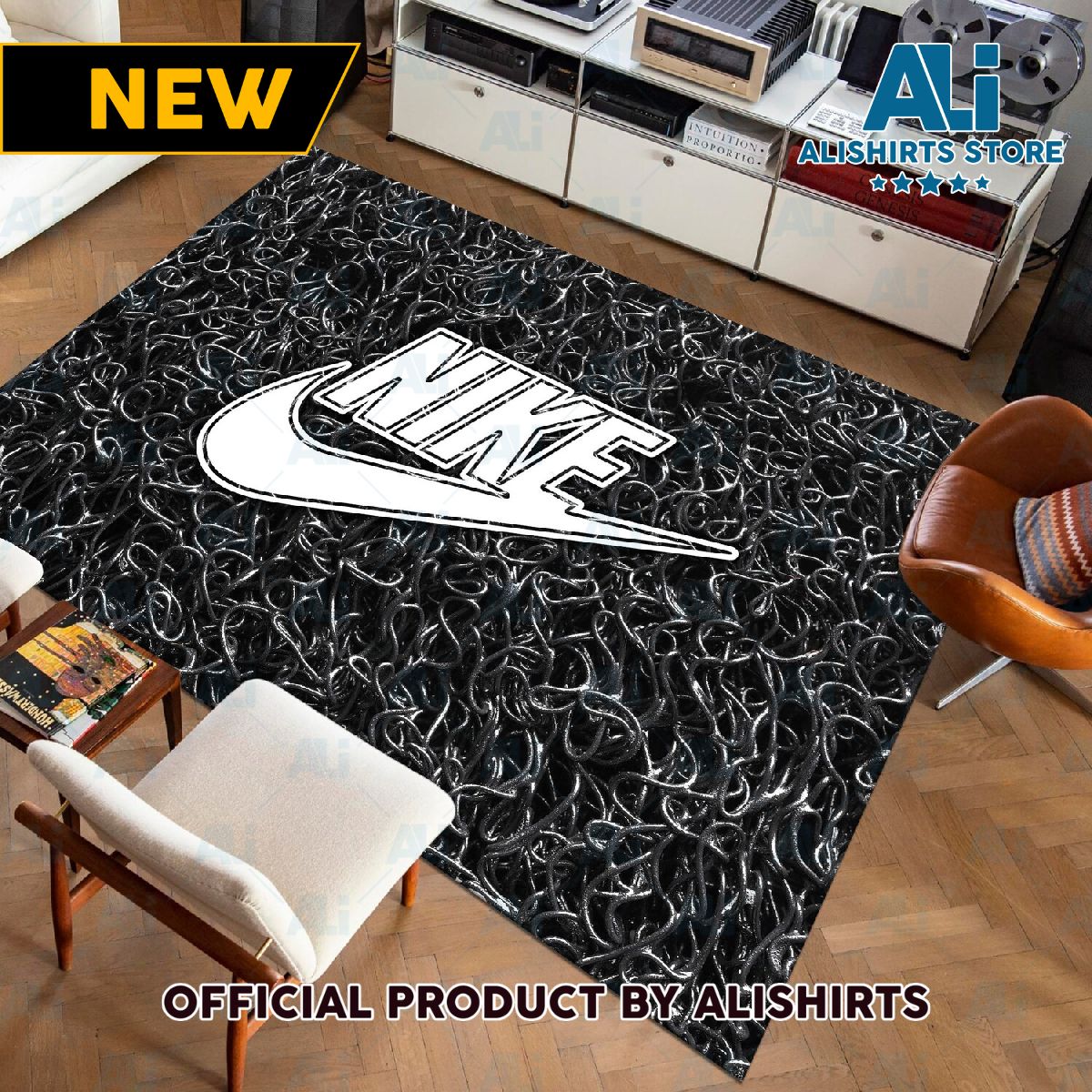 Nike Black Curly pattern Custom Rectangle Rug Carpet
